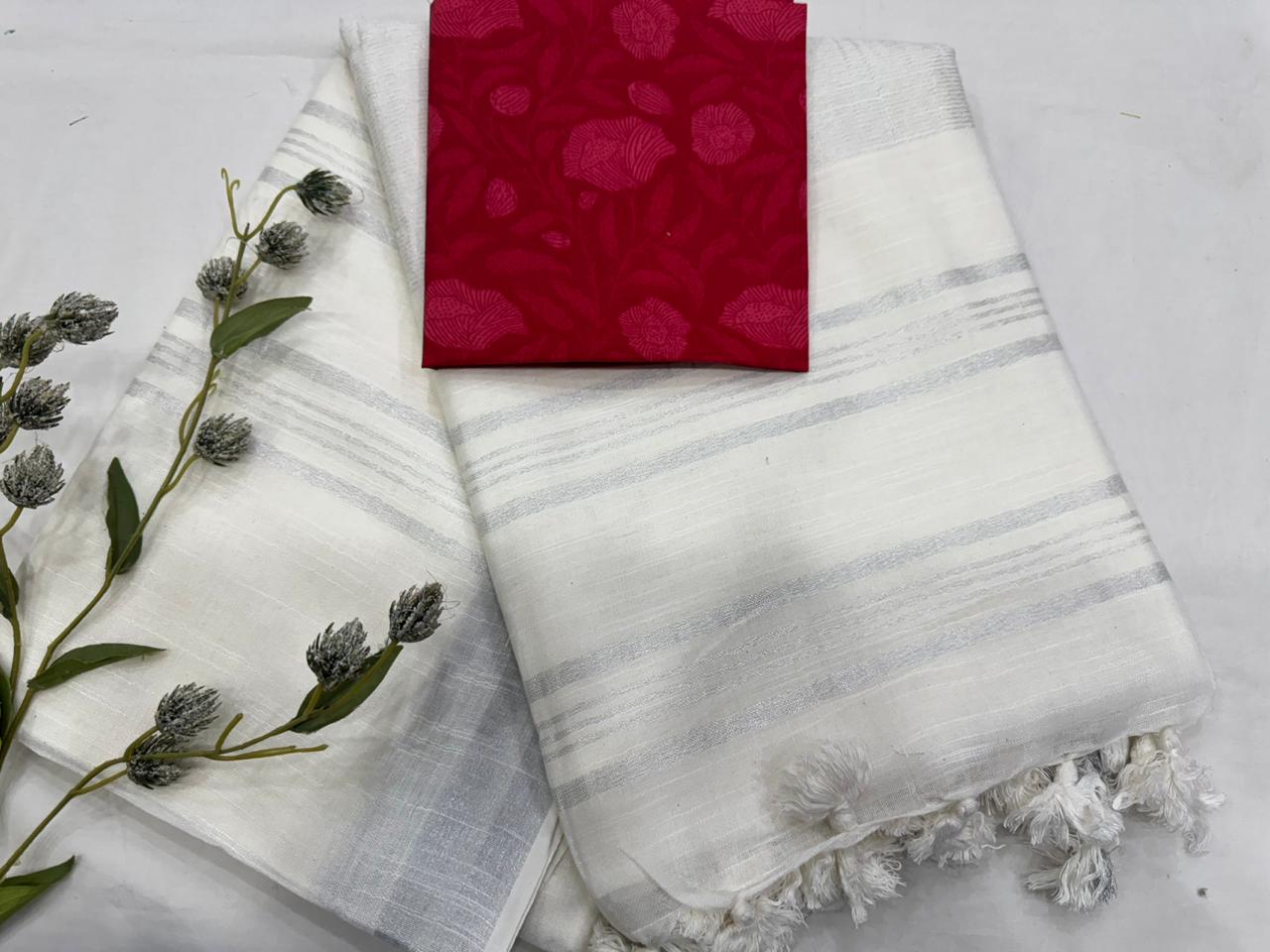 Plain Cotton Linen Saree Wholesale in White – Lightweight Handcrafted Designer Linen Saree for Boutiques & Retailers | Fabtexs