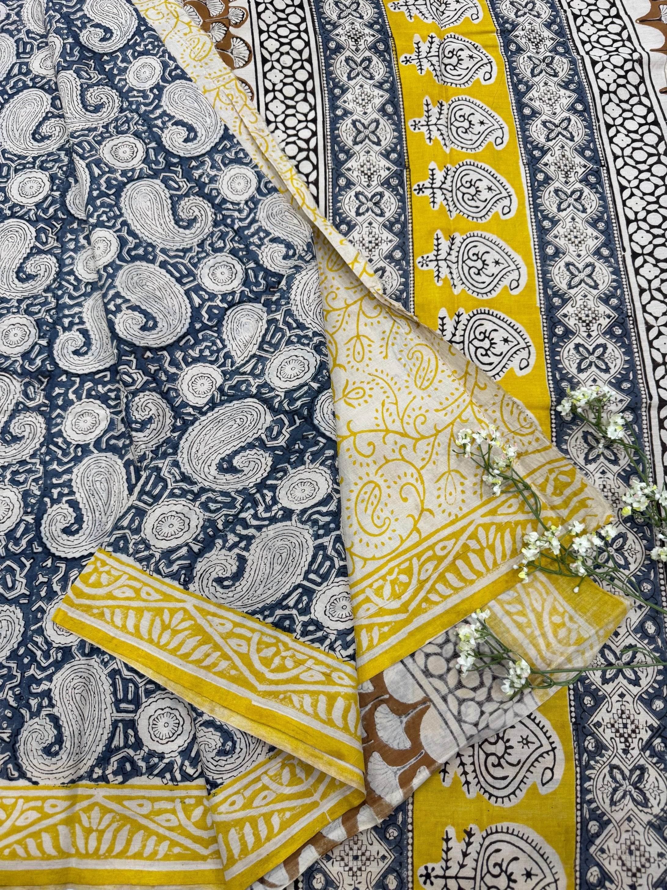 Blue Paisley Motif Cotton Mul Saree – Handcrafted Designer Saree Wholesale for Boutiques