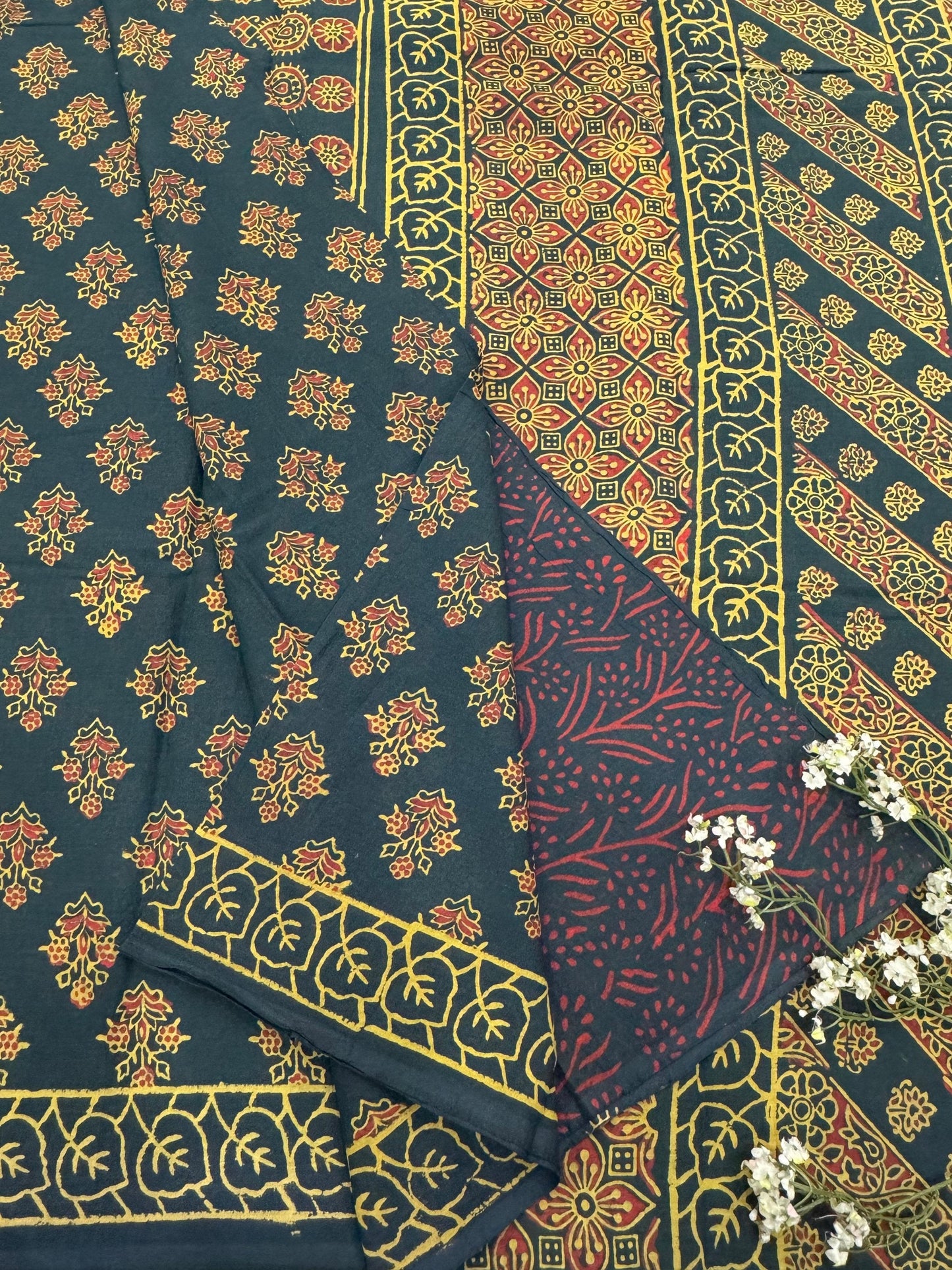 Bottle Green Floral Butti Cotton Mul Saree – Premium Handblock Printed Wholesale Saree