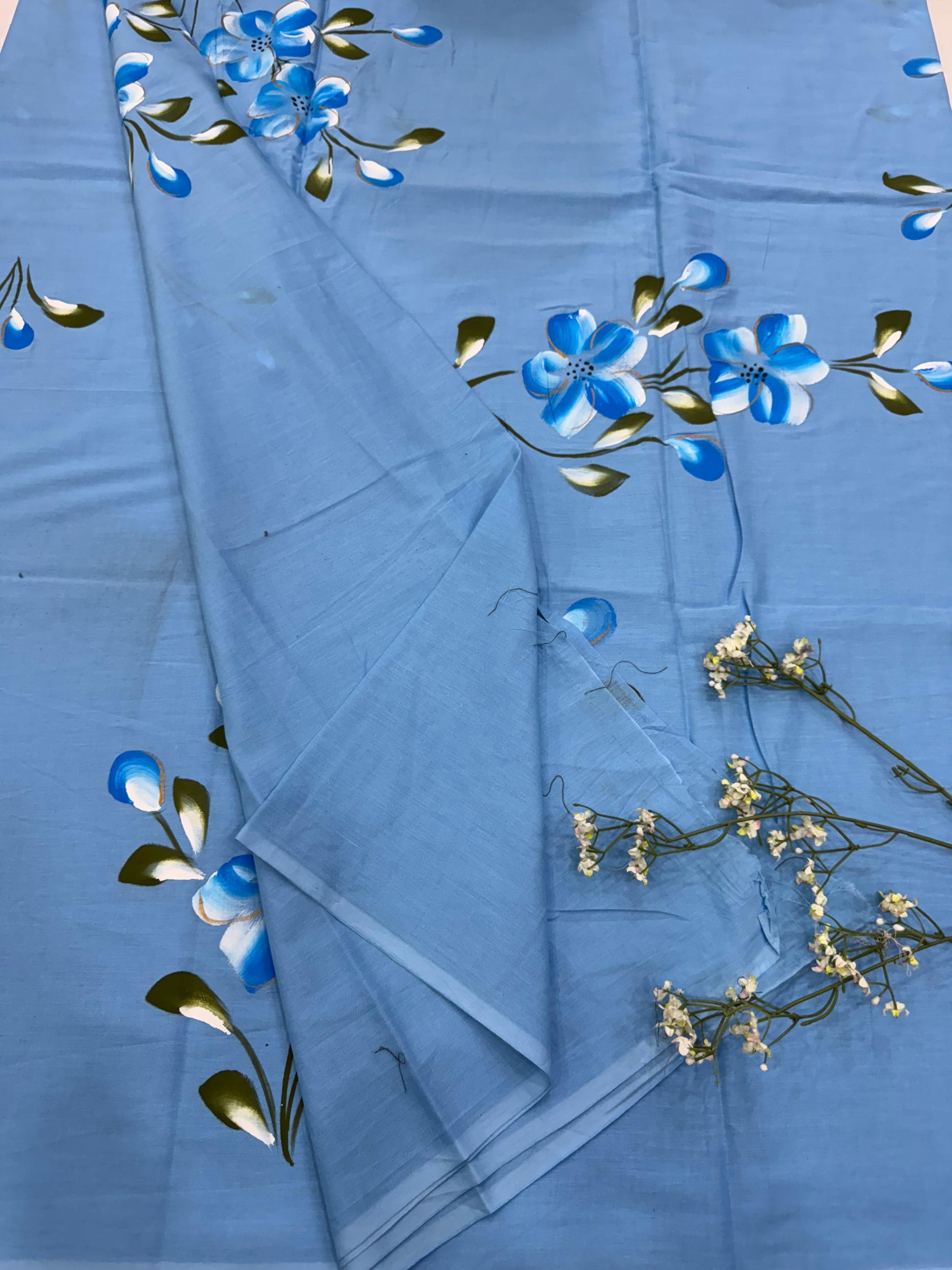 Light Blue Hand-Painted Flowers Cotton Mul Saree – Handcrafted Designer Wholesale Saree