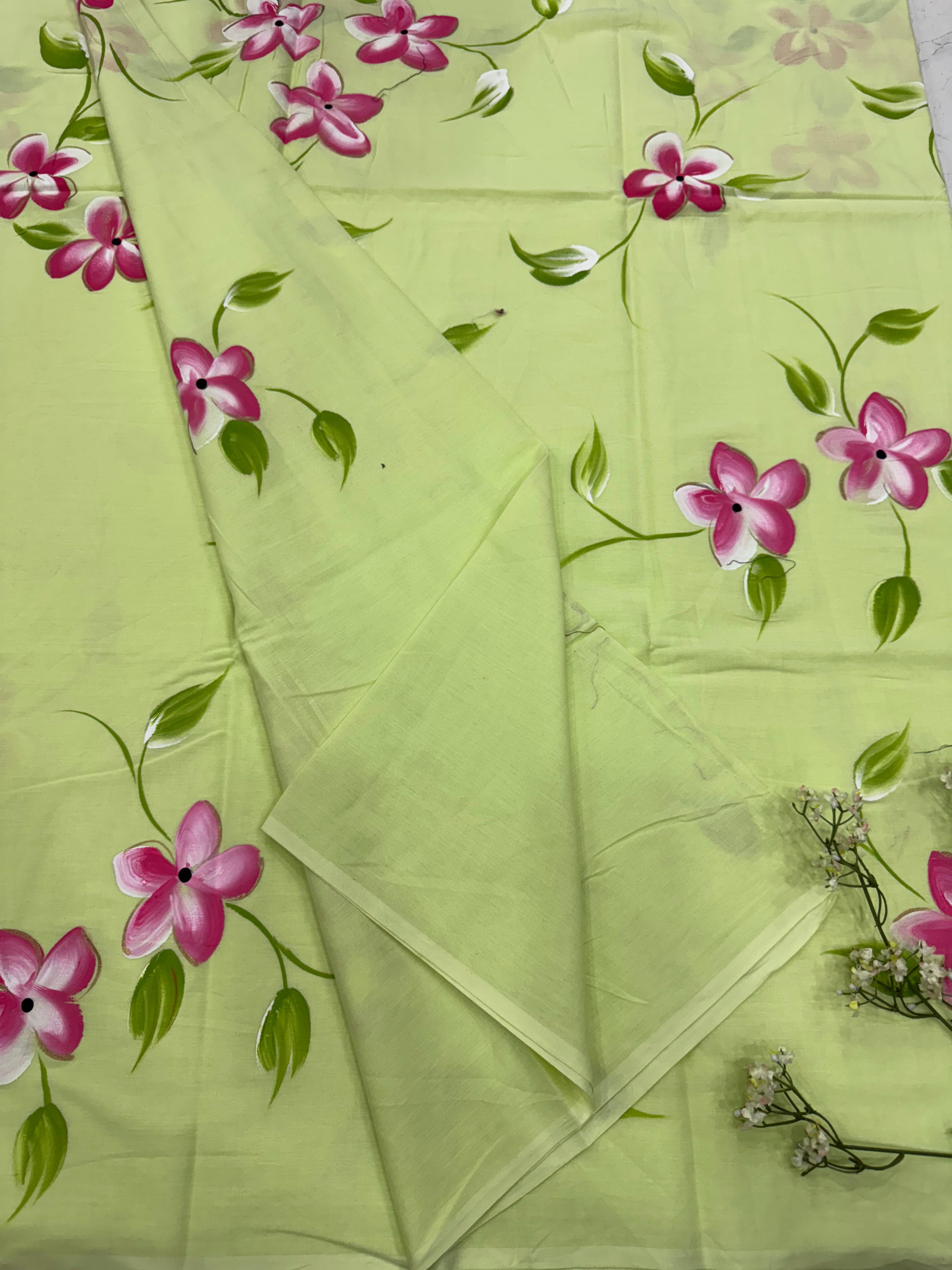 Lime Green Hand-Painted Flowers Cotton Mul Saree – Premium Wholesale Saree for Retailers