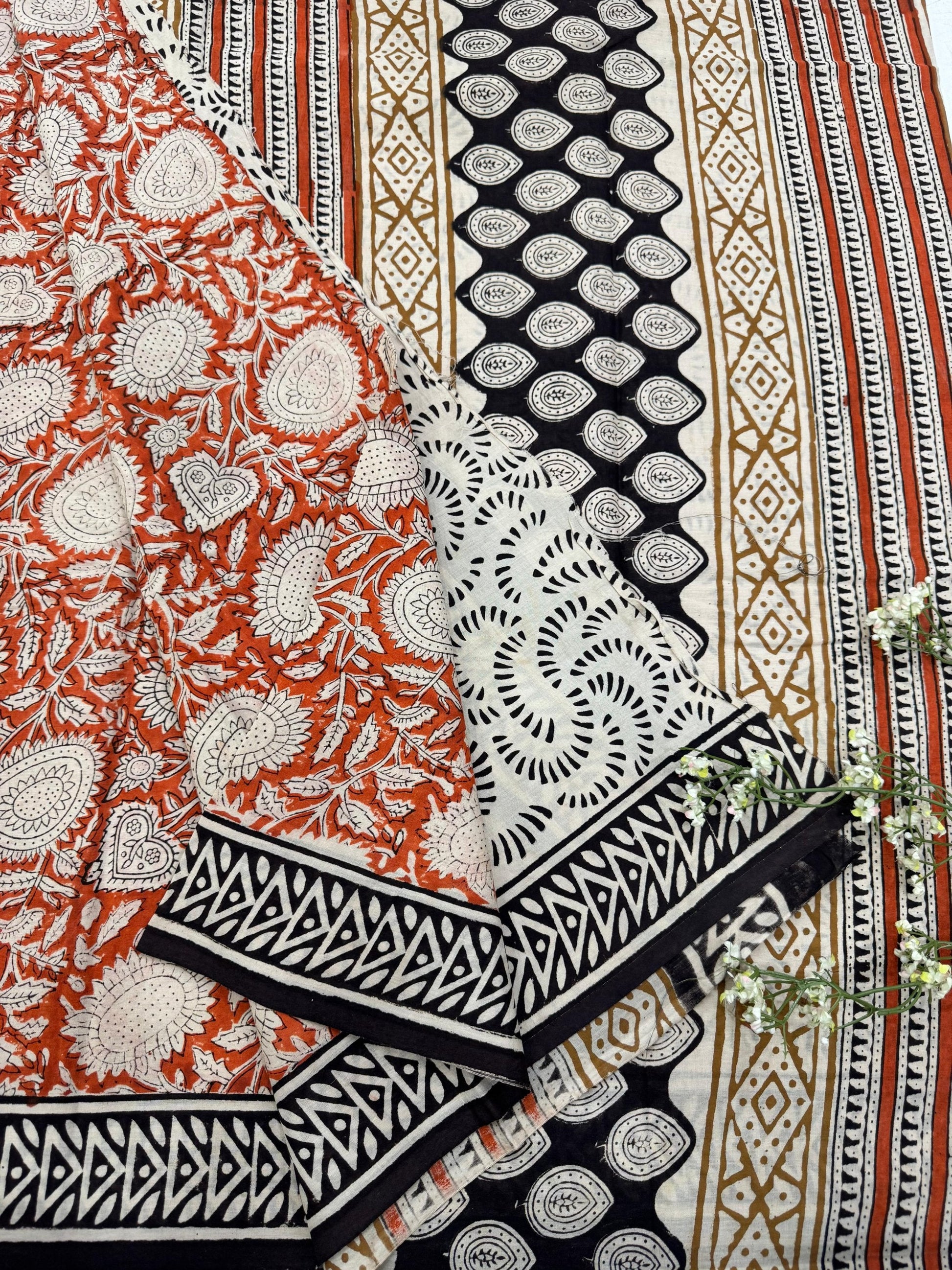 Rust Jaal Cotton Mul Saree – Designer Handblock Printed Saree Wholesale for Boutiques