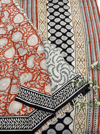 Rust Jaal Cotton Mul Saree – Designer Handblock Printed Saree Wholesale for Boutiques