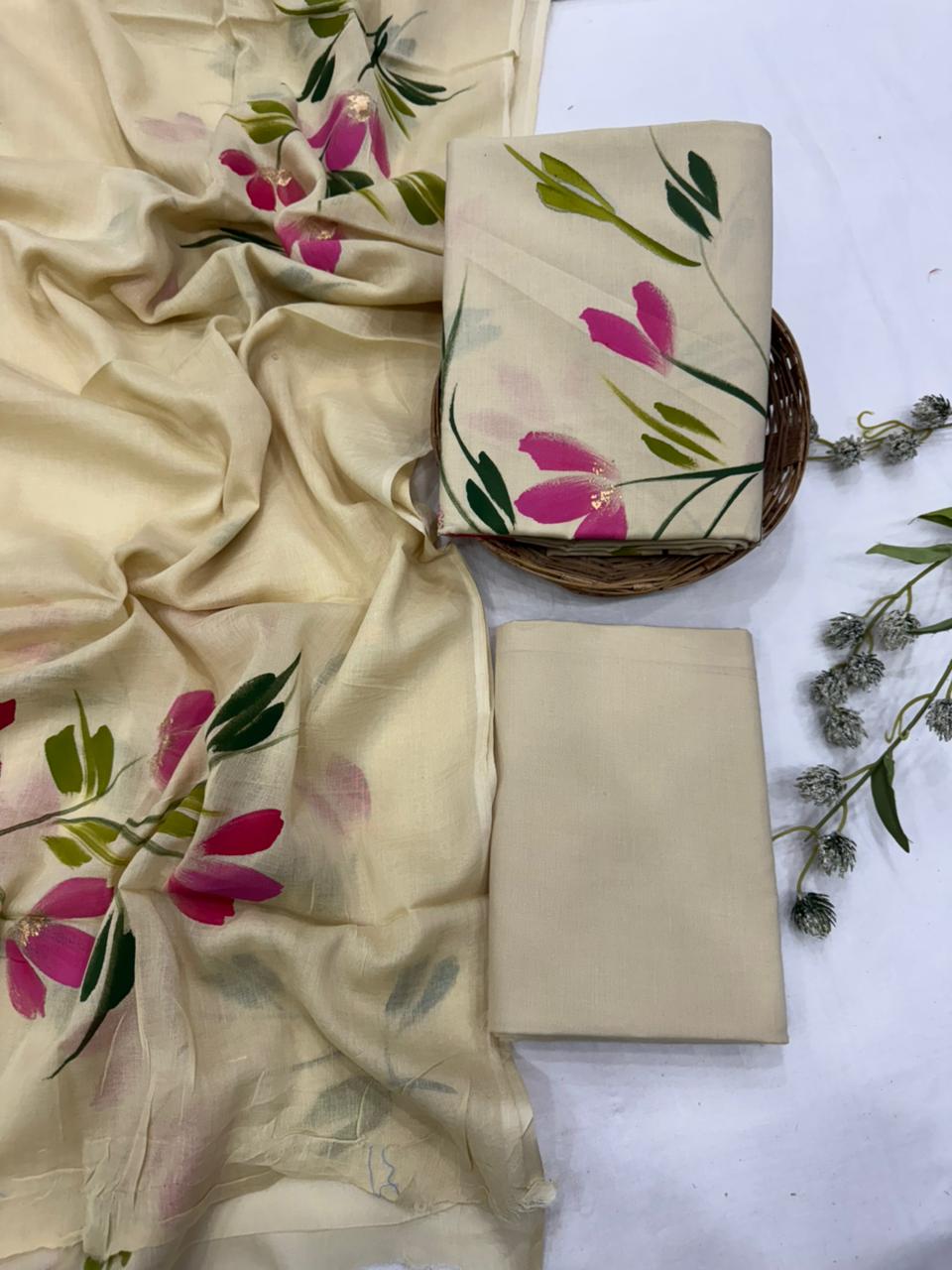 Beige hand painted cotton mulmul dress material wholesale, artisan painted cotton suit set by Fabtexs