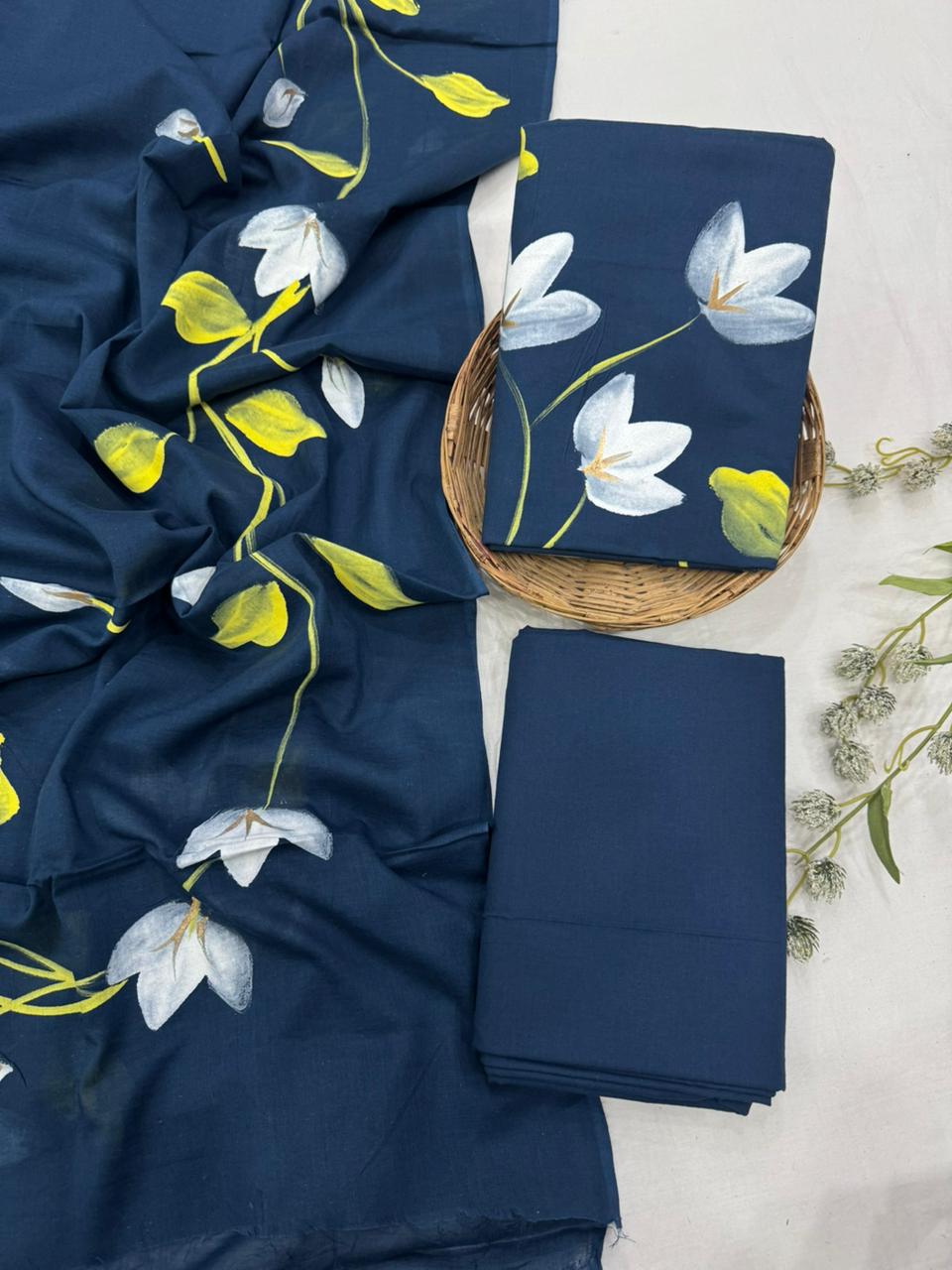 Blue hand painted cotton mulmul dress material wholesale, artisan painted cotton suit set by Fabtexs