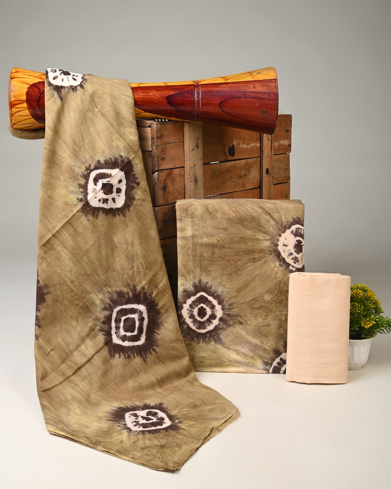 beige brown shibori handblock printed cotton mulmul dress material wholesale India low MOQ fabric for boutique brands Fabtexs