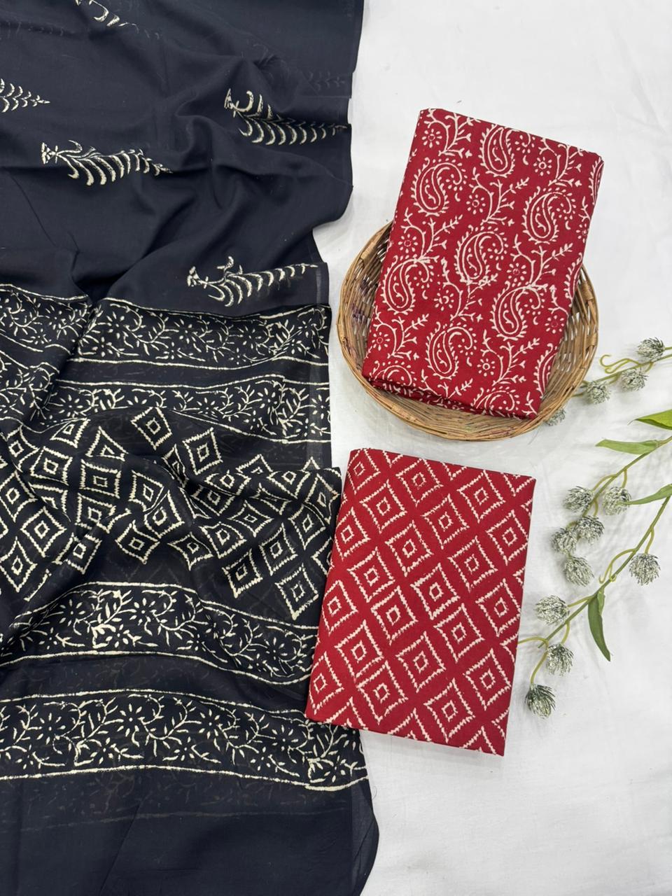 Black red paisley cotton mulmul dress material wholesale, handblock printed cotton suit set by Fabtexs