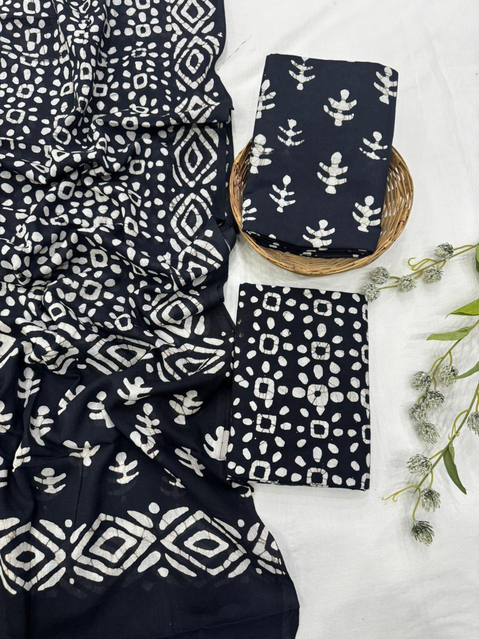 Black white cotton mulmul dress material wholesale, handblock printed cotton suit set by Fabtexs