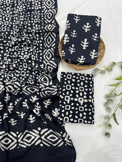 Black white cotton mulmul dress material wholesale, handblock printed cotton suit set by Fabtexs