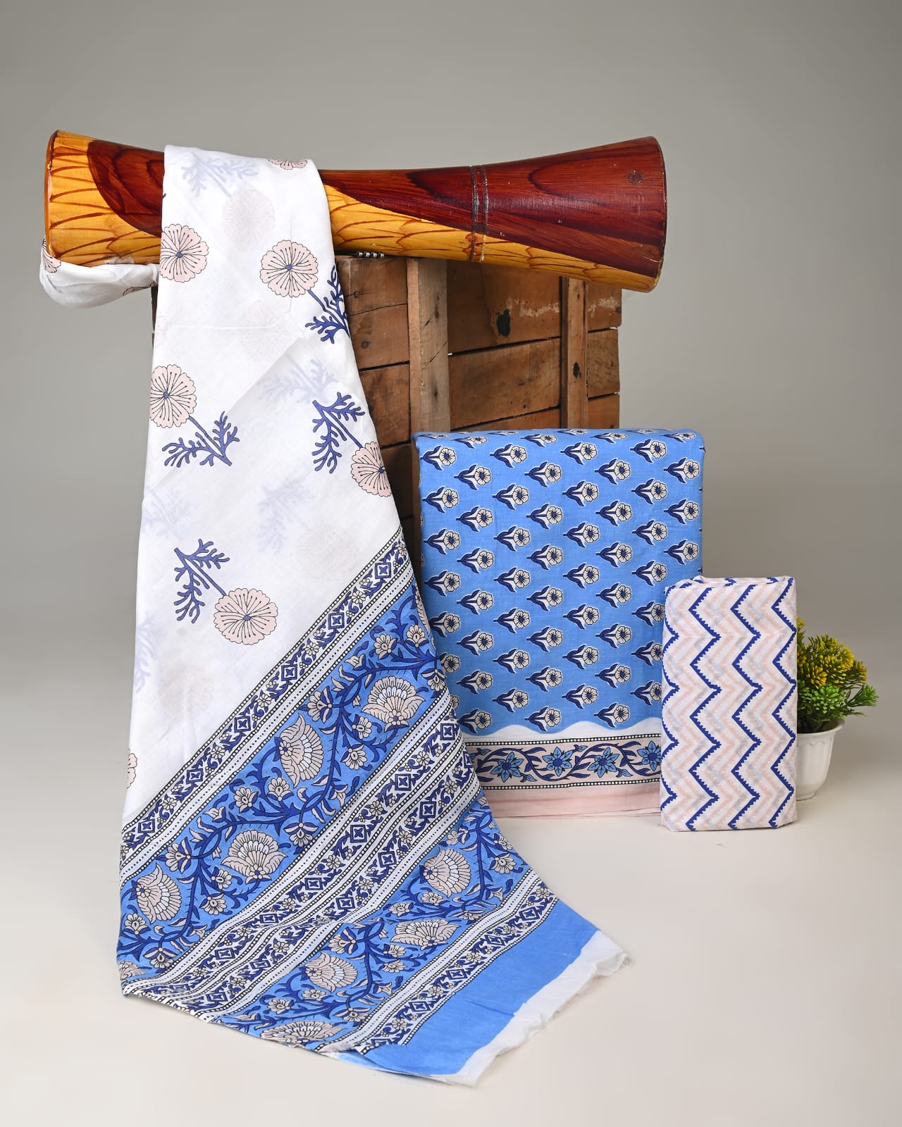 Pure cotton mulmul dress material wholesale in blue butti, handblock printed dress material for boutique, designer & bulk buyers – Fabtexs