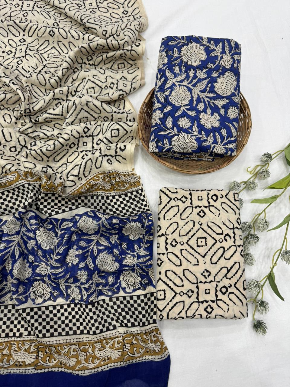 Blue cream cotton mulmul dress material wholesale, breathable handblock printed cotton dress material by Fabtexs