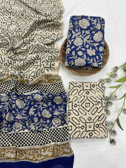 Blue cream cotton mulmul dress material wholesale, breathable handblock printed cotton dress material by Fabtexs