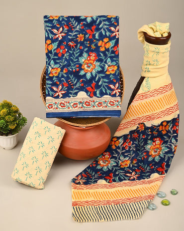 •  Pure cotton mulmul dress material wholesale in blue, handblock printed dress material for boutique, designer & bulk buyers – Fabtexs