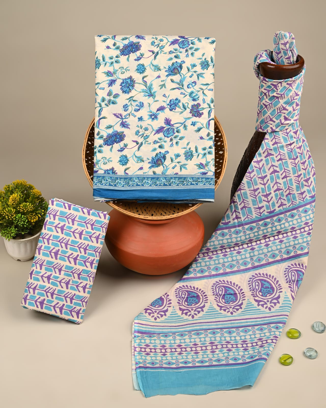 blue purple jaal handblock printed cotton mulmul dress material wholesale India cotton fabric sourcing boutique brands Fabtexs