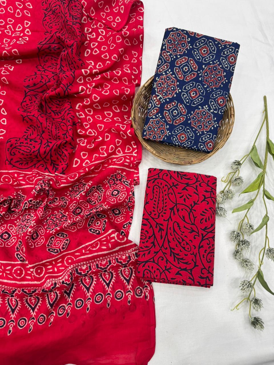 Blue red cotton mulmul dress material wholesale, handblock printed pure cotton dress material for wholesale buyers by Fabtexs