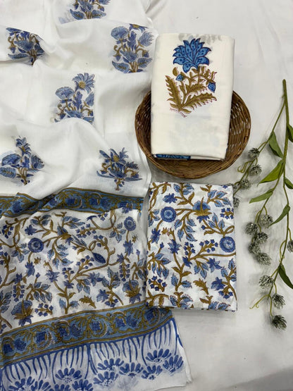 Blue white butta cotton mulmul dress material wholesale, handblock printed cotton suit set by Fabtexs