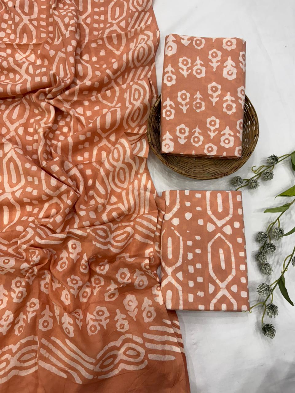 Brown cotton mulmul dress material wholesale, handblock printed cotton suit set by Fabtexs