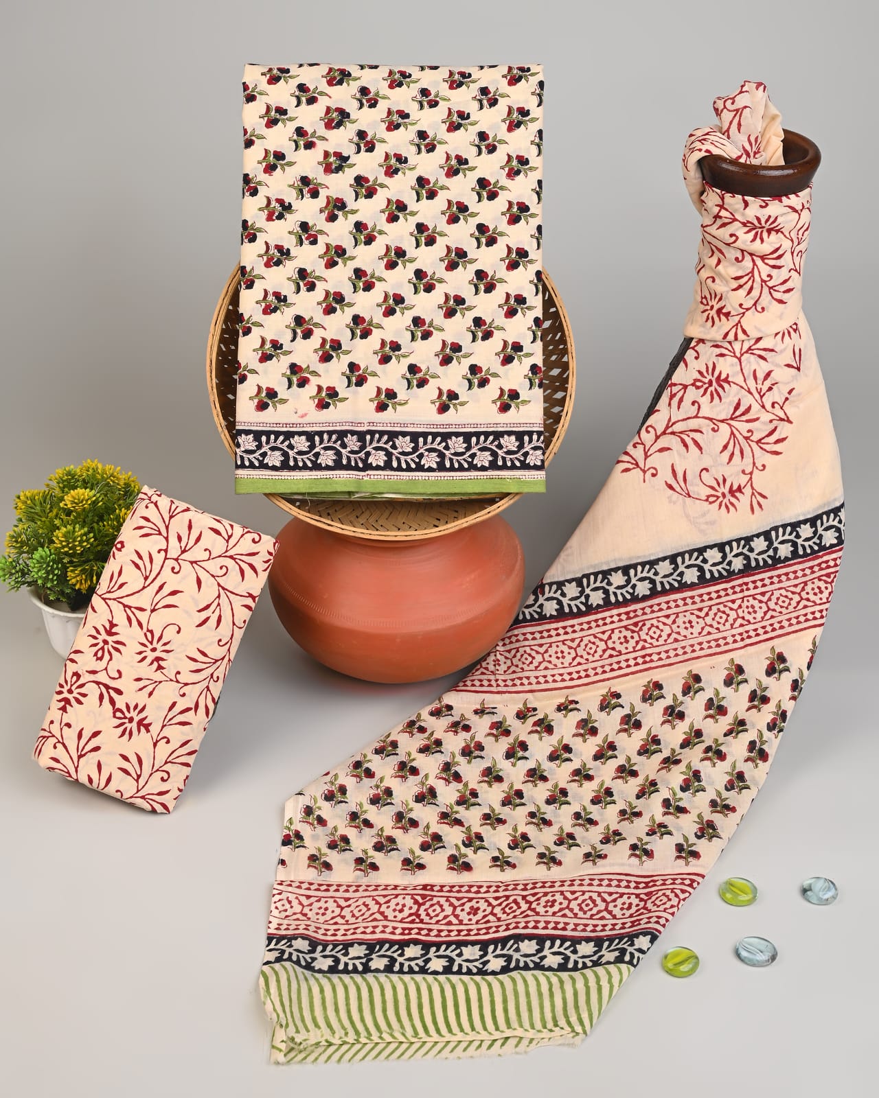 cream brown butti handblock printed cotton mulmul dress material wholesale supplier India fabric for designers Fabtexs