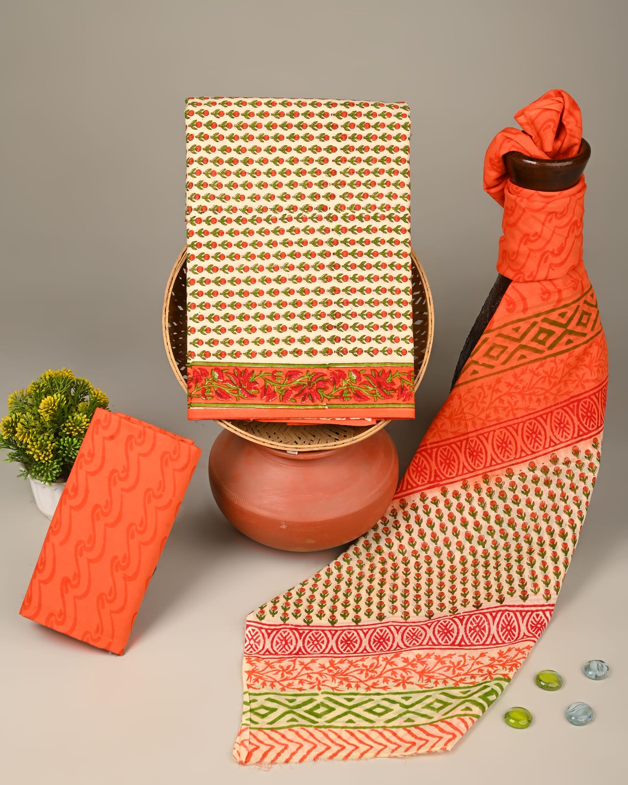 cream orange butti handblock printed cotton mulmul dress material wholesale India cotton fabric supplier for bulk buyers Fabtexs