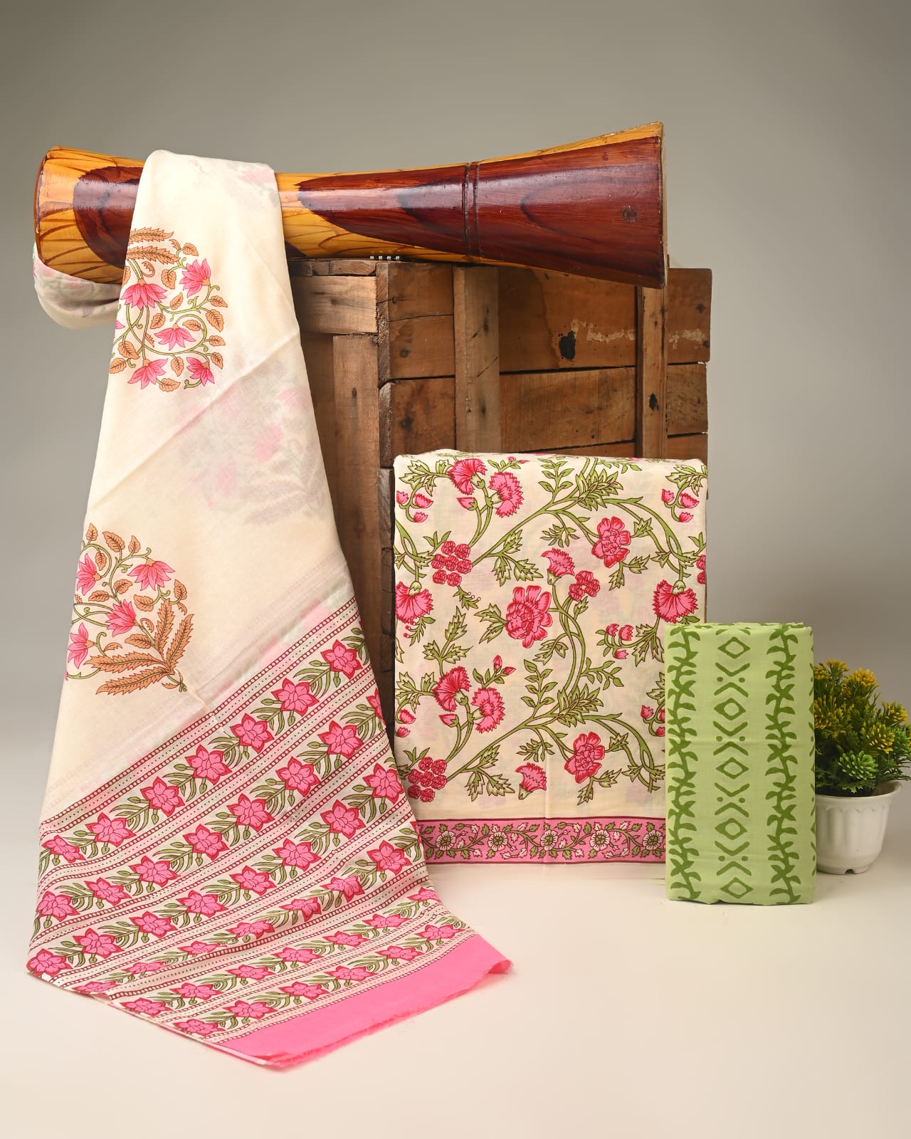 cream pink jaal handblock printed cotton mulmul dress material wholesale India boutique fabric sourcing for designers Fabtexs