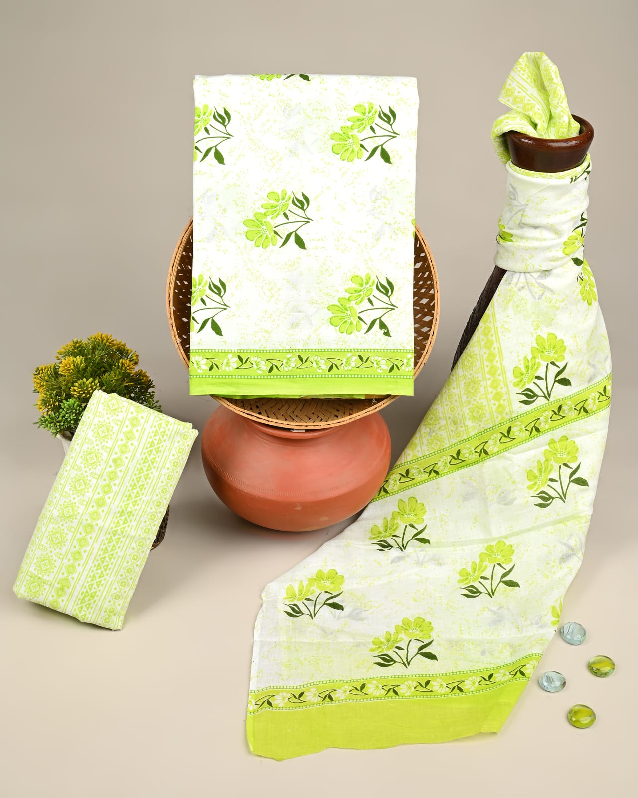 green butta handblock printed cotton mulmul dress material wholesale India boutique fabric sourcing for designers Fabtexs