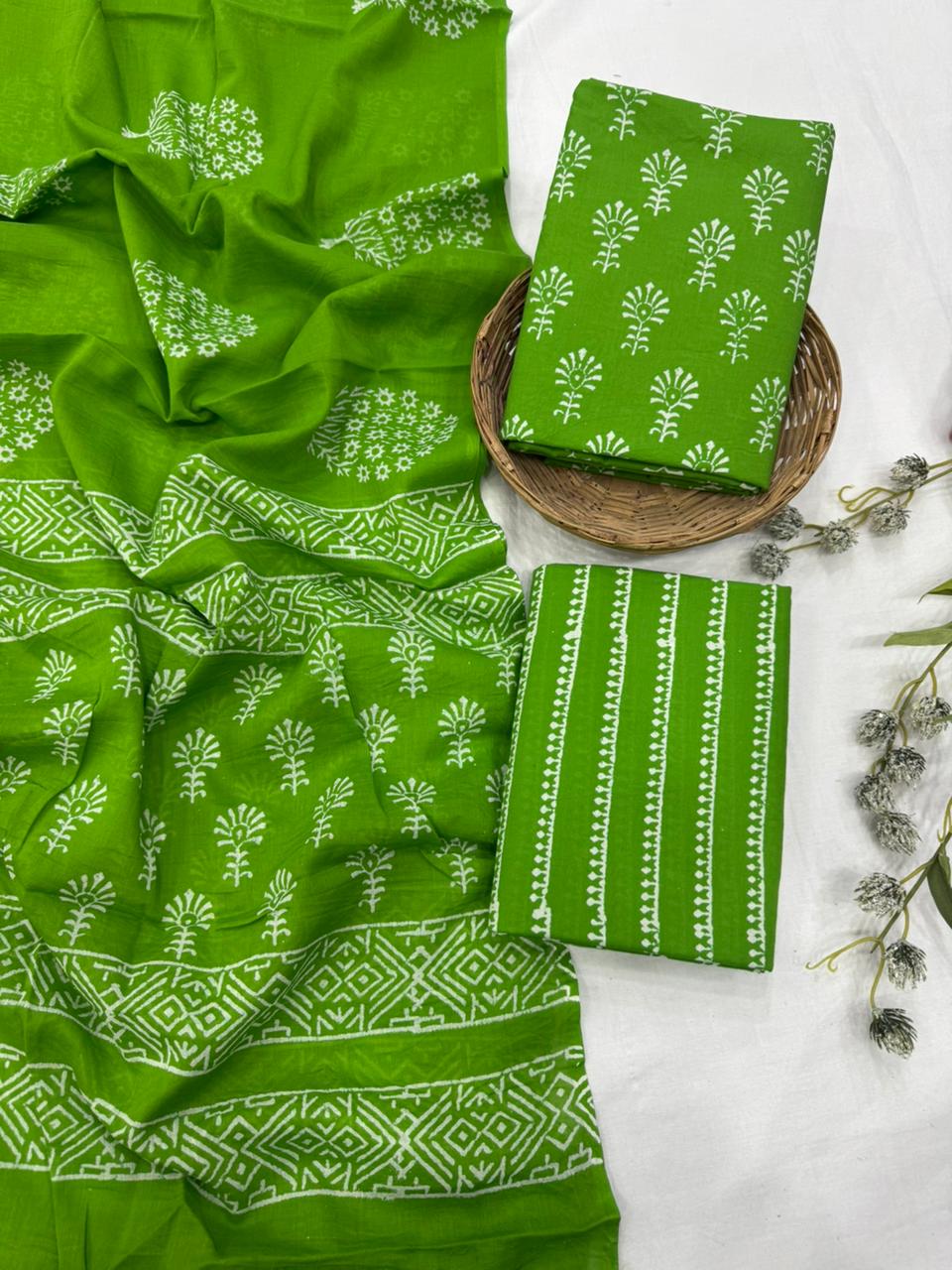 Pure cotton mulmul dress material wholesale in green handblock print, lightweight printed cotton dress material for boutiques and designers by Fabtexs