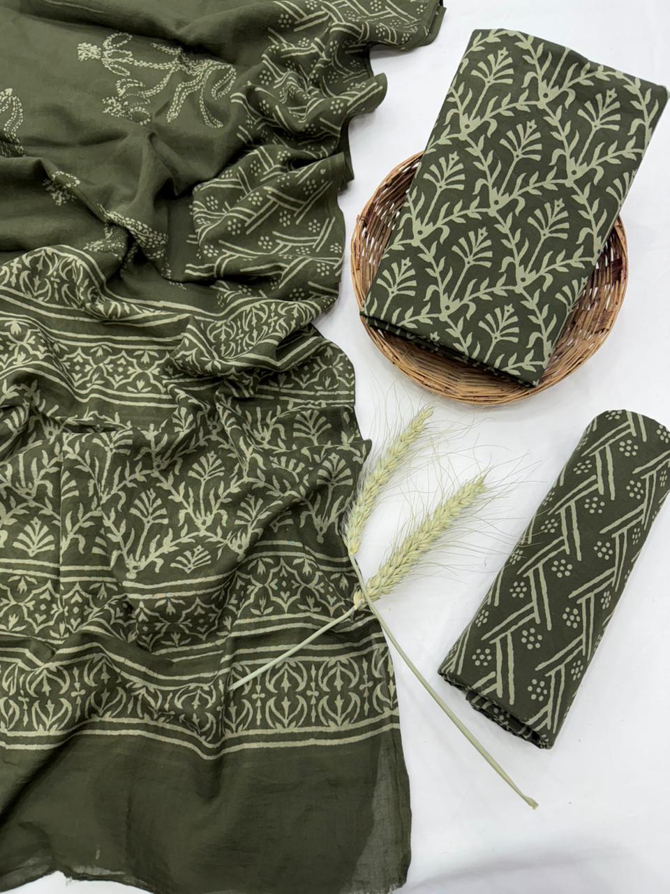 Pure cotton mulmul dress material wholesale in green handblock print, lightweight printed cotton dress material for boutiques and designers by Fabtexs