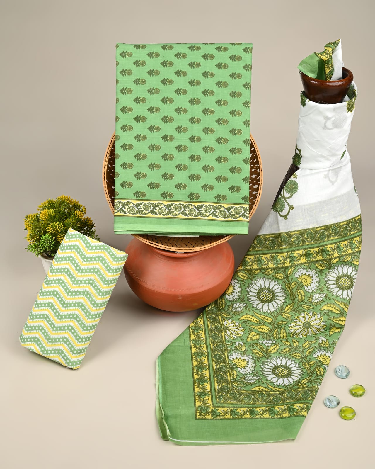 green small butti handblock printed cotton mulmul dress material wholesale India low MOQ boutique fabric supplier Fabtexs
