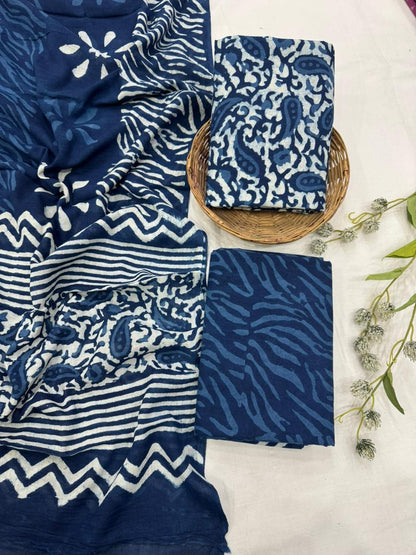 Indigo cotton mulmul dress material wholesale, traditional handblock printed cotton dress material from Fabtexs