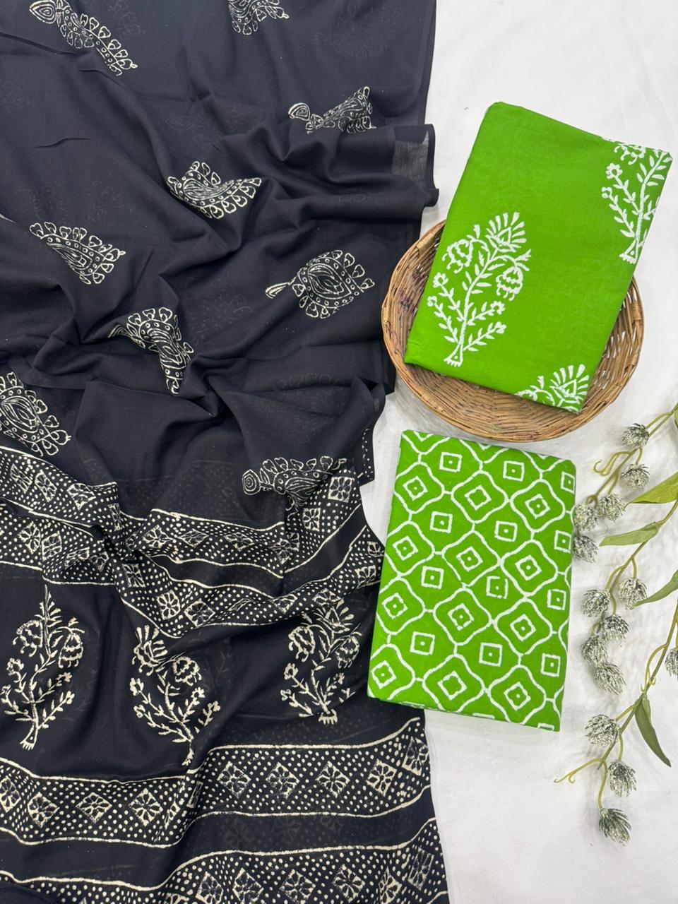 Lime green cotton mulmul dress material wholesale with handblock printing, breathable cotton dress material for B2B buyers by Fabtexs