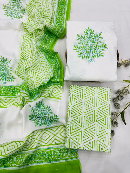 Lime green white butta cotton mulmul dress material wholesale, handblock printed cotton suit set by Fabtexs