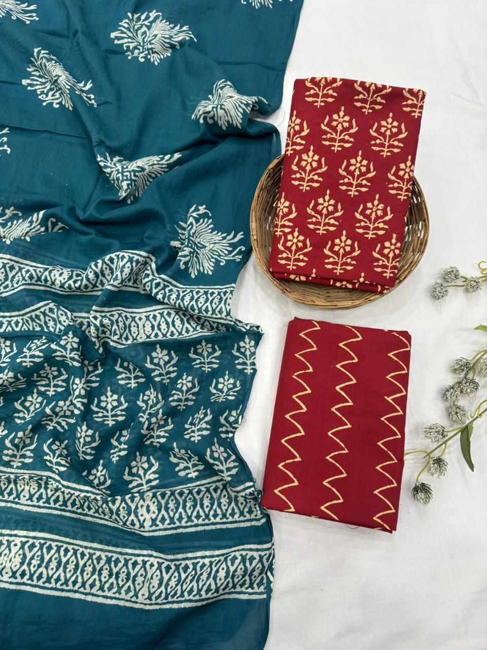 Maroon cotton mulmul dress material wholesale, handblock printed pure cotton dress material for wholesale sourcing from Fabtexs