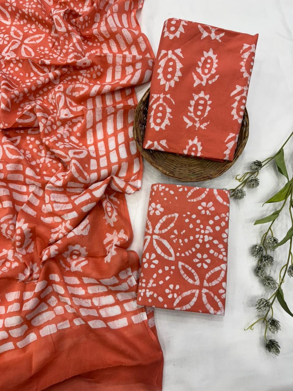 Orange batik cotton mulmul dress material wholesale, handblock printed cotton dress material for designers by Fabtexs