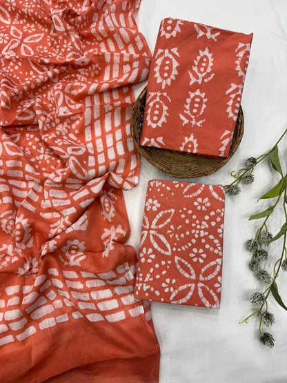 Orange batik cotton mulmul dress material wholesale, handblock printed cotton dress material for designers by Fabtexs