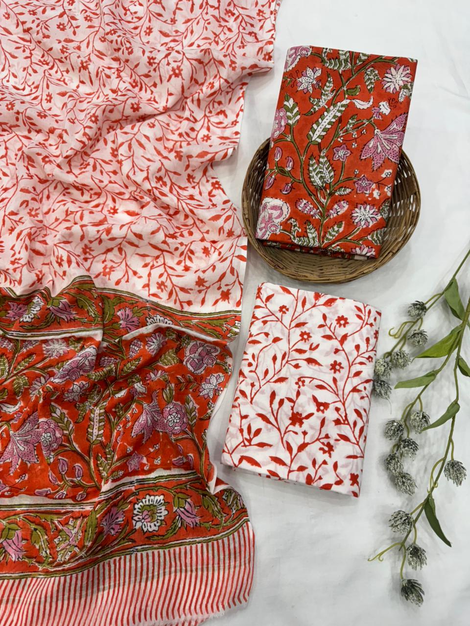 Orange cotton mulmul dress material wholesale, pure cotton handblock printed dress material for boutiques by Fabtexs