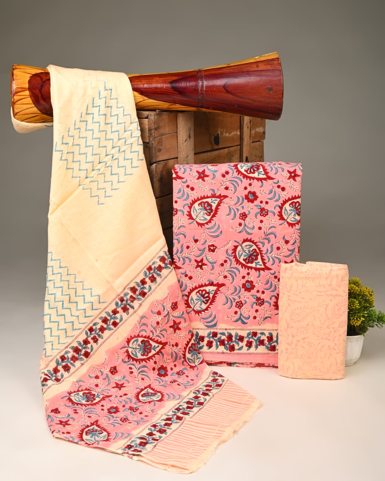 Pure cotton mulmul dress material wholesale in peach pink, handblock printed dress material for boutique, designer & bulk buyers – Fabtexs