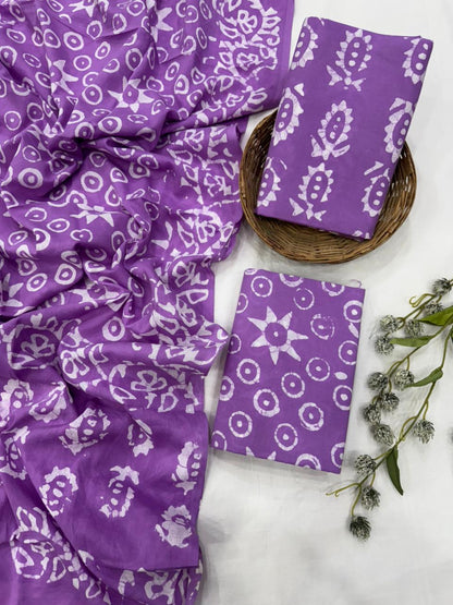 Purple batik cotton mulmul dress material wholesale, artisan dyed cotton suit set by Fabtexs