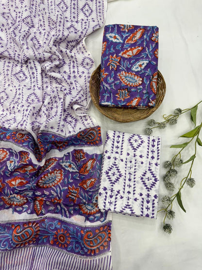 Purple white cotton mulmul dress material wholesale, artisan handblock printed cotton dress material by Fabtexs