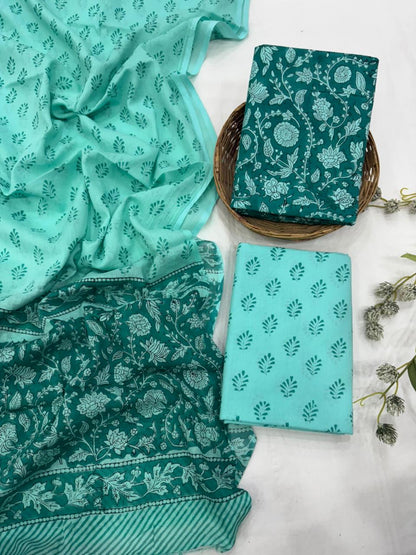 Rama green cotton mulmul dress material wholesale, handblock printed cotton suit set by Fabtexs