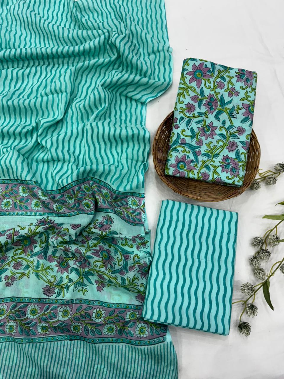 Sea green floral jaal cotton mulmul dress material wholesale, handblock printed cotton suit set by Fabtexs