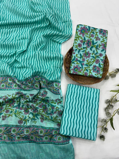 Sea green floral jaal cotton mulmul dress material wholesale, handblock printed cotton suit set by Fabtexs