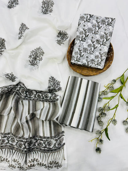 White grey cotton mulmul dress material wholesale with handblock print, soft cotton dress material for retailers by Fabtexs