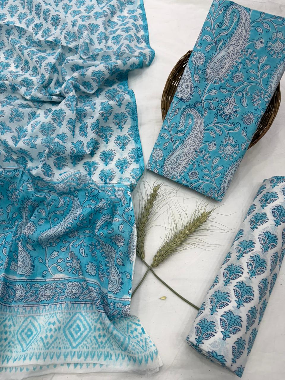 White grey cotton mulmul dress material wholesale with handblock print, soft cotton dress material for retailers by Fabtexs