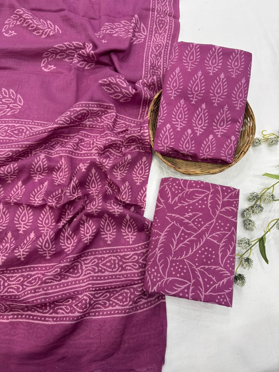 Wine cotton mulmul dress material wholesale, handblock printed cotton suit set by Fabtexs