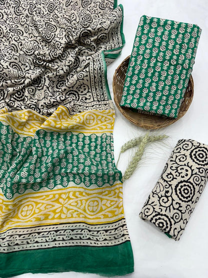 Yellow mustard cotton mulmul dress material wholesale, traditional handblock printed cotton dress material from Fabtexs
