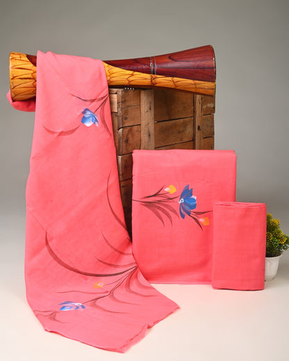 peach hand painted cotton mulmul dress material wholesale India artisan fabric supplier for boutiques Fabtexs