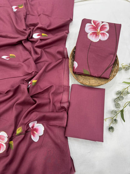 Wine hand painted cotton mulmul dress material wholesale, artisan painted cotton suit set by Fabtexs