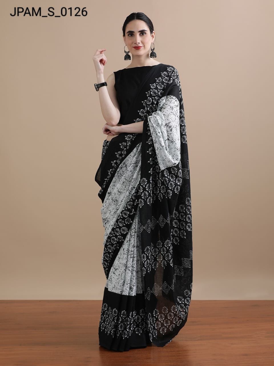 Cotton mulmul handblock printed saree wholesale in black abstract batik design