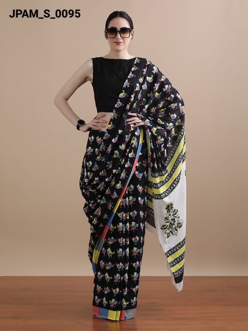 Cotton mulmul handblock printed saree wholesale in black animal motif