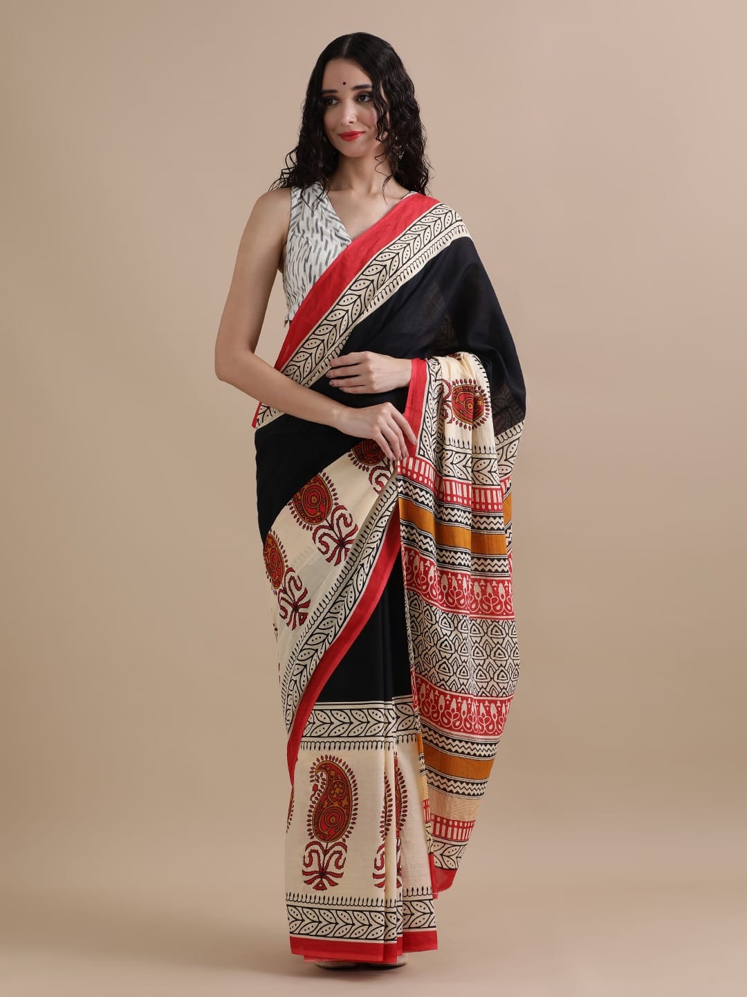 Cotton mulmul handblock printed saree wholesale in black cream paisley floral pattern